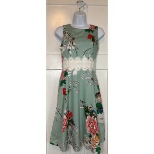 Homeyee‎ Mint Green Floral A Line Sleeveless Dress Size 4 Small